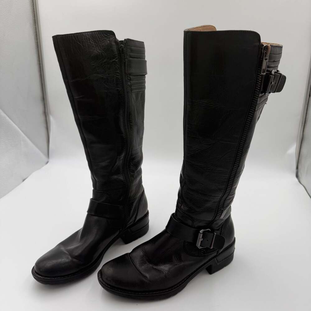 Sofft Tall Black Leather Riding Boots Women’s 8M Moto Buckle Zip Knee High